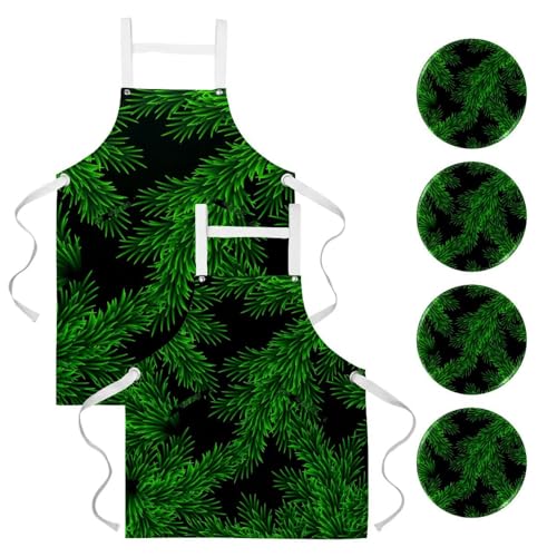 Lot de 2 tabliers de cuisine avec 4 broches motif branches de pin