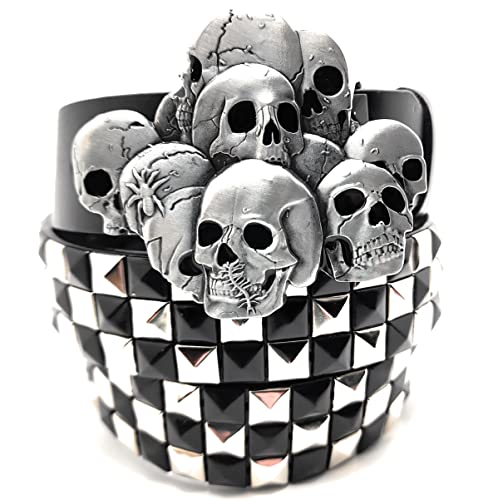 Skull Pile Belt Buckle and Chrome Black Pyramid Studded Leather Belt