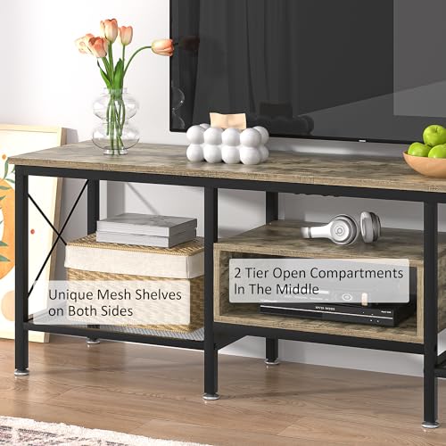 Image of VECELO Industrial TV Stand for 70 Inch Television Cabinet 3-Tier Console with Open Storage Shelves, Entertainment Center Metal Frame for Living Room, Bedroom, 63 Inch, Light Grey