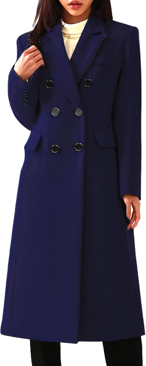 Women's Classic Notched Lapel Double-Breasted Warm Pea Coat Overcoat with Pockets