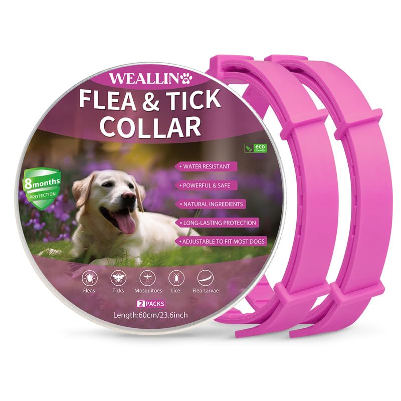 WEALLIN Collares Antiparasitario para Perros, Collar Antipulgas Perros Impermeable Regulable con 8 Meses de Protección, Collar de Pulgas y Garrapatas para Perro Cachorros Grandes, Rosa (2 Pack)