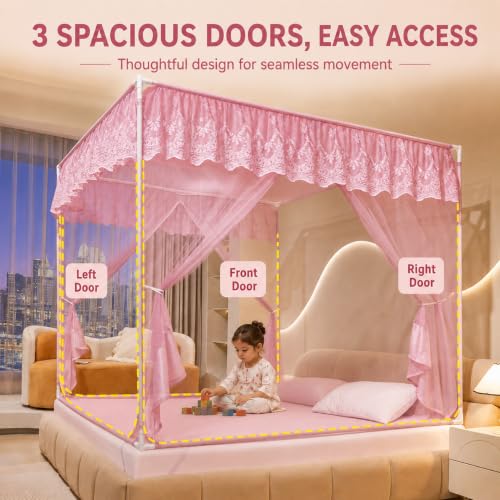 Image of Dawnwake Mosquito Net for King Size Double Bed, Anti-Fall Machardani Mosquito Net for Babies and Adults, Portable Foldable Mosquito Net Tent for Travel /Camping (Pink, 200x180cm)