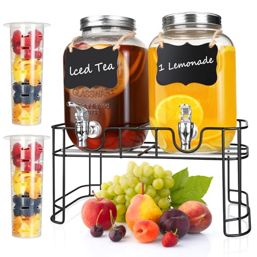 1 Gallon Glass Beverage Dispenser Jars, Ice Juice Dispenser With Leak Proof Faucet And Metal Stand For Parties & Wedding (2 Pack Jars）