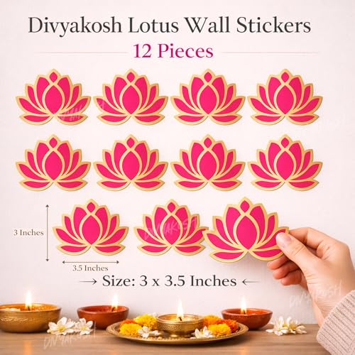 Image of Divyakosh Pink Lotus Wall Stickers for Wall Decor (12 Pieces, 3x3.5 Inch) | Peel & Stick Lotus Stickers for Home & Festive Decor | Puja Backdrop Decoration, Mandap, Temple Decor