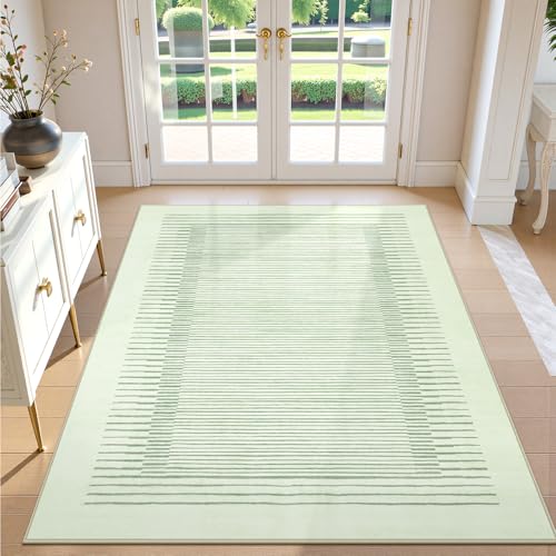Wonnitar Washable Striped 5x7 Living Room Area Rug, Non-Slip Green Berber Stripe Rugs for Bedroom, Low Pile Soft Minimalist Floor Carpets for Kids Nursery Room Dining Room (Green,5' x 7')
