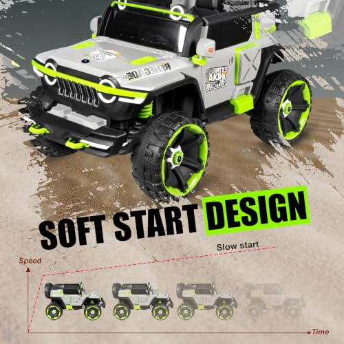 Image of Norman Jr Battery Operated 4x4 ATV Runs on Garden & Sand Surface |Jeep Toy with Remote+Steering+RGB Light+Mp3 USB Music | Rechargeable Car for Kids to Drive 3to12 Years | XXXLarge Bumper Silver&Green