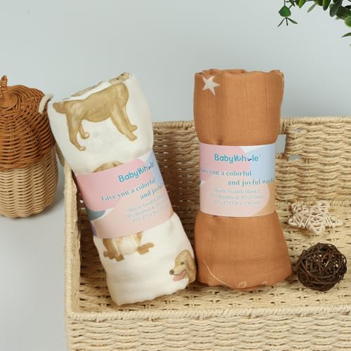 Image of Muslin Swaddle Blankets Neutral, Baby Swaddling Wrap Nursery Blanket Unisex, Soft 70% Viscose from Bamboo and 30% Cotton, Large 47 x 47 inches, Labrador &Orange Boho Moon Swaddle Blanket