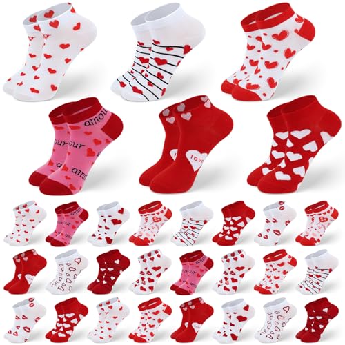 Image of Short Valentine Heart Socks for Women, Red Pink White Heart Ankle Crew Low Cut Galentines Socks Bulk for Women