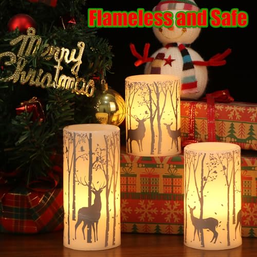 Image of Christmas Flameless Candles with 6H Timer, Real Wax LED Pillar Candles Flickering, Silver Reindeer Birch Battery Operated Candles for Home Decor Christmas Gifts, 3x4 /5 /6 inches