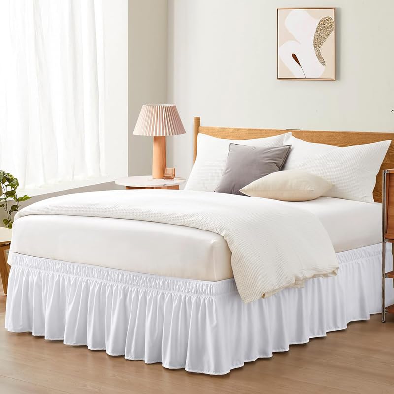 MILKY WAY DECORE - Microfiber Bed Skirt Wrap | Solid Easyfit King Size 15 Inch Drop Tailored Wrinkle Fade Resistance Soft Fabric Stylish Design Bedskirts- (White, 76 * 80 in)