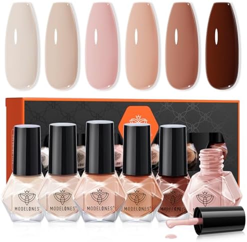 modelones Nail Polish Set, 6 Colors Nude Brown Pink Skin Tones Milky White Mini Nail Polish Fall Winter Neutral Brown Quick Dry Fingernail Polish Manicure DIY Salon Home Gifts for Women Girl