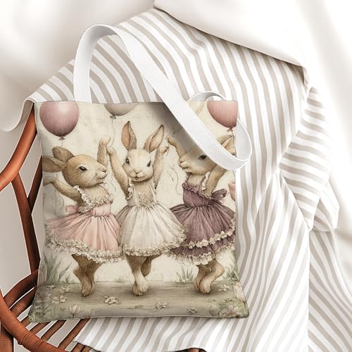 Bunny Canvas Tote Bags, Cute Animal Dance Pattern Reusable Bags, Vintage Lightweight Washable Shoulder Strap Canvas Bags fo2