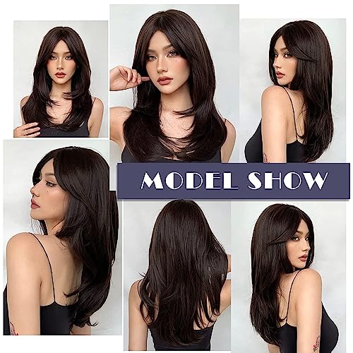 Image of Women's Full Head Wig - Shoulder Straight Length Natural Brown Layered Synthetic Hair Extension for Women and Girls