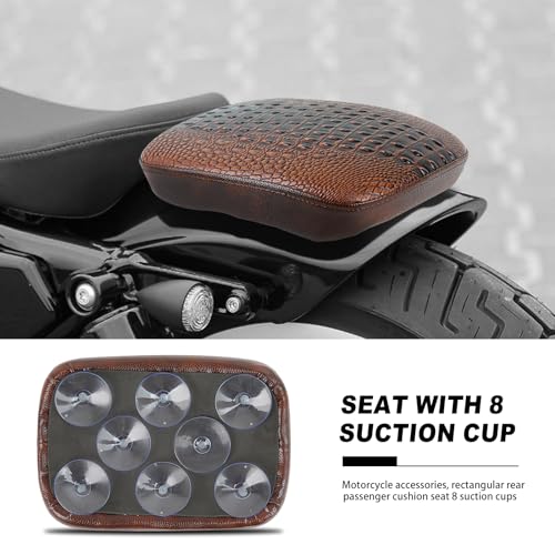 Image of Motorcycle Pillion Passenger Pad Seat, Brown Crocodile Leather Pillion Pad w / 8 Suction Cup Rear Passenger Seat Compatible with Harley Custom Bikes and More