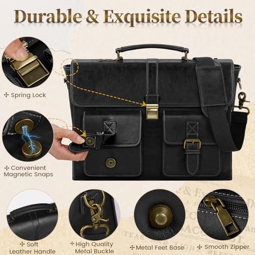 Image of RAINSMORE Mens Messenger Bag 15.6 Inch Leather Vintage Laptop Briefcase Waterproof Computer Laptop Bag Leather Satchel Bag Large Shoulder Bag for Office Work Travel College, Black
