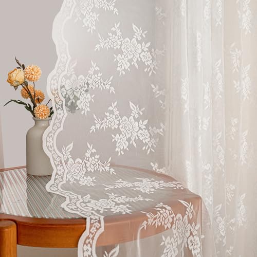 MYSKY HOME Rideau en dentelle fleurs brodées, rideaux en dentelle vintage avec ruban ondulé transparent, lot de 2, rideaux en dentelle modernes pour salon,...