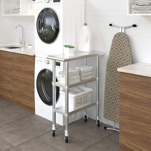 Image of AmGood Stainless Steel Work Table with 2 Shelves and Casters | Metal Utility Table On Wheels (Stainless Steel Work Table with 2 Shelves + Casters, 12 inch Long x 30 inch Deep)