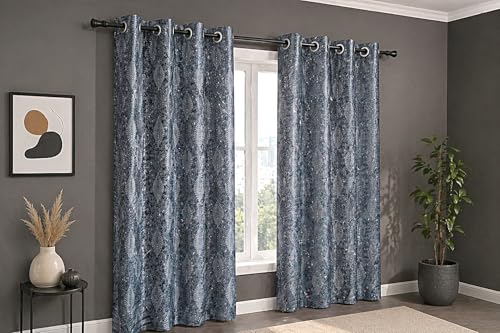 Image of HUTI 5 feet Grey Window Curtain Set of 2 | Semi-Transparent Leaf Printed Curtain | Soft Knitted Polyester | Eyelet Curtain for Living Room & Bedroom 4x5 ft (120 x 150 cm) | Perfect for Home Decor
