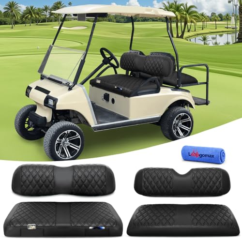 LEAPGOMAX 4PCS Golf Cart Seat Covers Front and Rear Set Fit for Club Car DS 2000.5 Up OEM Standard Seat Thick Leather Custom Diamond Comfortable Anti-Scratch No Staples Black