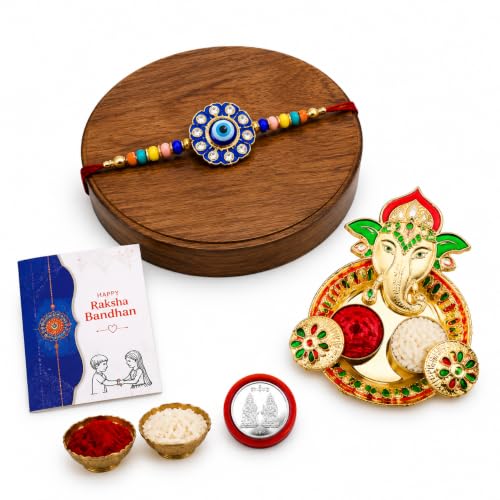 Image of DeoDap Rakhi with Pooja Thali for Brother - Multicolor Evil Eye Design Rakhi with Stylish Golden Color Pooja Thali, Silver Color Pooja Coin, Greeting Card & Roli Chawal - Traditional Raksha Bandhan Festive Celebration Combo
