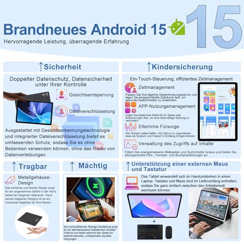 fezawio 10,1 Zoll Android 15 Gaming Tablet Gemini AI 30GB RAM +128GB ROM, Octa-Core 8000mAh, WiFi6, Widevine L1, GMS, 3.5mm Audio, GPS, Face ID mit Tastatur, Maus und Schutzhülle, Grau 2