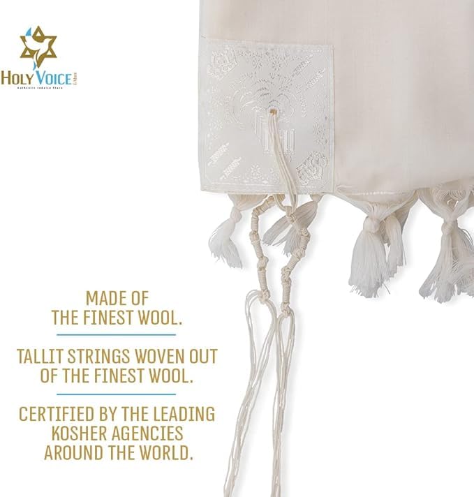 Image of HOLY VOICE 100% Wool Tallit Prayer Shawl Kosher Certified White with Stripes for Men, Made in Israel w / 100% Wool Tzitzit