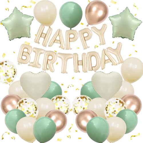 Sage Green Birthday Decorations Sage Green Beige and Gold Balloons Happy Birthday Banner & Confetti Balloons for Men Women Boys and Girls Baby Shower Party Decor