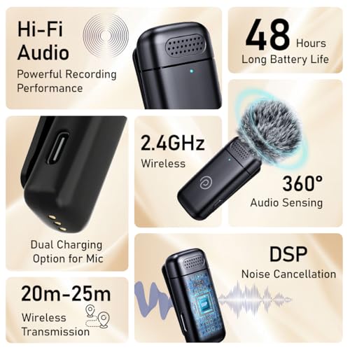 Image of pTron KWM-2 Type C Wireless Microphone with Charging case w /Noise Cancellation, 48Hrs Battery, 20m Wireless Range, Collar Mic for DSLR /iPhone /Android, Vlog, Streaming /Zoom Meeting (Black)