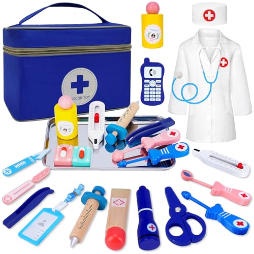 Esriptoyz Maletin Brinquedo médicos, brinquedos de madeira para crianças Maletin brinquedos com estetoscópio real, dramatização, jogos educativos para crianças a partir de 3 anos