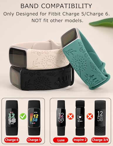 TOYOUTHS 3 Packs Floral Engraved Compatible with Fitbit Charge 5/Charge 6 Strap for Women Soft Waterproof Silicone Sport Band with Cute Dandelion Flower Pattern - Image 2
