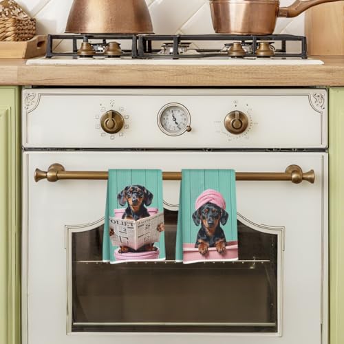 Image of 2 Pcs Dachshund Hand Towels for Bathroom 24x14 Inch, Dachshund Gifts Reusable Dish Towels for Washroom Bathroom Decor, Waffle Weave Hand Cloth Tea Towel, Weiner Dog Gifts for Women Mom Friend