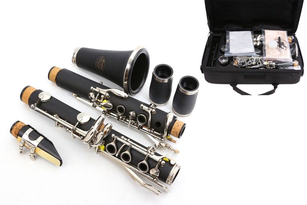 Clarinete Bb profesional con cuerpo de ébonita chapado en níquel, llave Bb de 17 llaves, dos barriles, estuche duro, guantes blancos