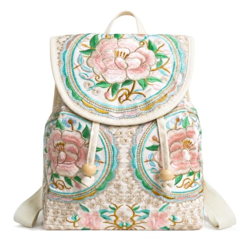 Image of Jursccu Embroidered Backpack Purse for Women Small Canvas Vintage Daypack