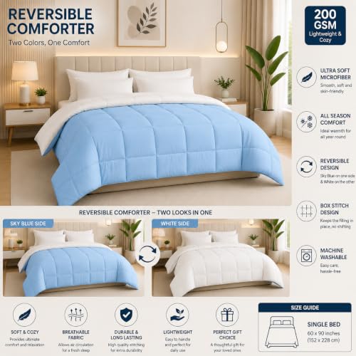 Image of Reversible Comforter Single Bed | Sky Blue & White | 200 GSM Lightweight All Season Comforter | Soft & Cozy Quilt Blanket