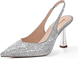 MUCCCUTE Silver Heels for Women Slingback Kitten Heels Closed Toe Glitter Rhinestone Women's Pumps Stiletto Bridal Sandals for Prom Wedding Dating Size 8