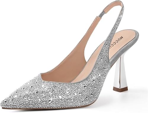 MUCCCUTE Silver Heels for Women Slingback Kitten Heels Closed Toe Glitter Rhinestone Women's Pumps Stiletto Bridal Sandals for Prom Wedding Dating Size 8