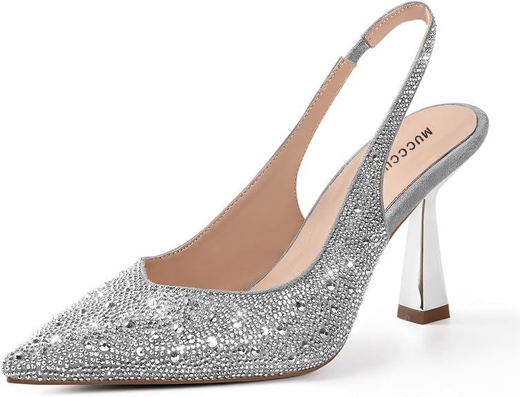 MUCCCUTE Kitten Heels for Women Slingback Heels Pointed Toe Pumps Rhinestones Pearls Stiletto Sparkly Bridal Sandals for Wedding Prom Dating