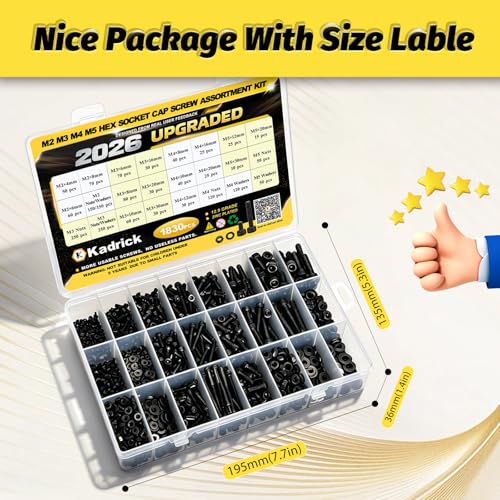 Image of Kadrick M2 M3 M4 M5 Metric Screws Kit 1830PCS, Optimized Assortment with More Screws & Fewer Washers, Class 12.9 Socket Head Cap Screws, Black Zinc Plated Metric Bolt Assortment for 3D Printing & DIY