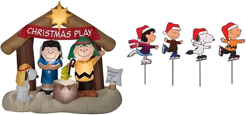 Gemmy Inflables Peanuts Nativity Scene ProductWorks 10325 - Marcadores de camino de Navidad preiluminados de 8 pulgadas juego de 4 decoración