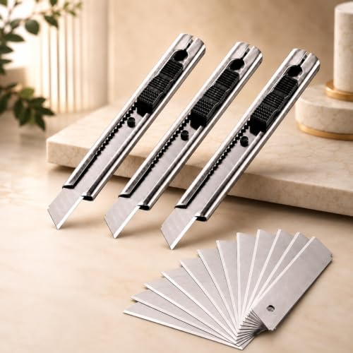 Image of Premium Stainless Steel Utility Cutter Set (3 Pieces) with FREE 10 Spare Blades. Heavy-duty, rust-resistant, sharp and durable for carton cutting, packaging, DIY, home and office use.