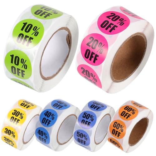GALPADA 6rollos Etiquetas Adhesivas Redondas Para Supermercado De Unidades Pegatinas De Descuento y Precio Para Tiendas Minoristas Autoadhesivas Fácil Uso Superficies Diversas