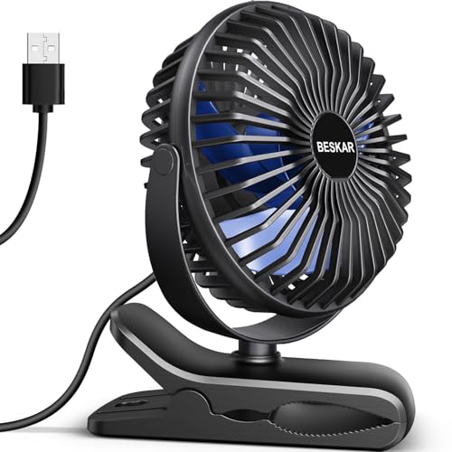 BESKAR USB Powered Clip on Fan, Portable Small Fan with Cord, 3 Speeds Strong Airflow, Personal Fan...