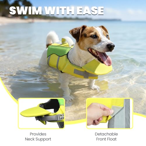 Image of VIVAGLORY Dog Life Vest Front Float Dog Swim Vest, XS, Yellow Grey | Life Jacket with Chin Float & Handle for Swimming & Boating, High Visibility Adjustable for Doggy Cat Puppy