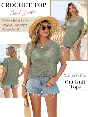 Image of Womens Summer Crochet Tops Hollow Out Cap Sleeve Cover Up Tank Top Pullover Sweater Vest Beach Vacation Clothes