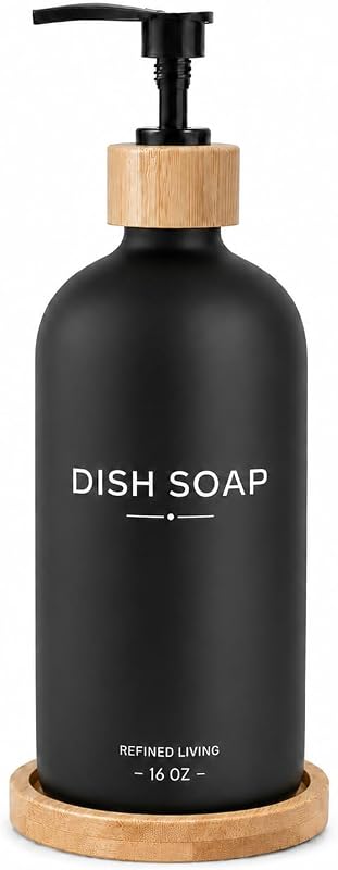 Frasco dispensador de sabão INFF em vidro com bandeja de bambu e bomba, 473 mL, modelo 0626