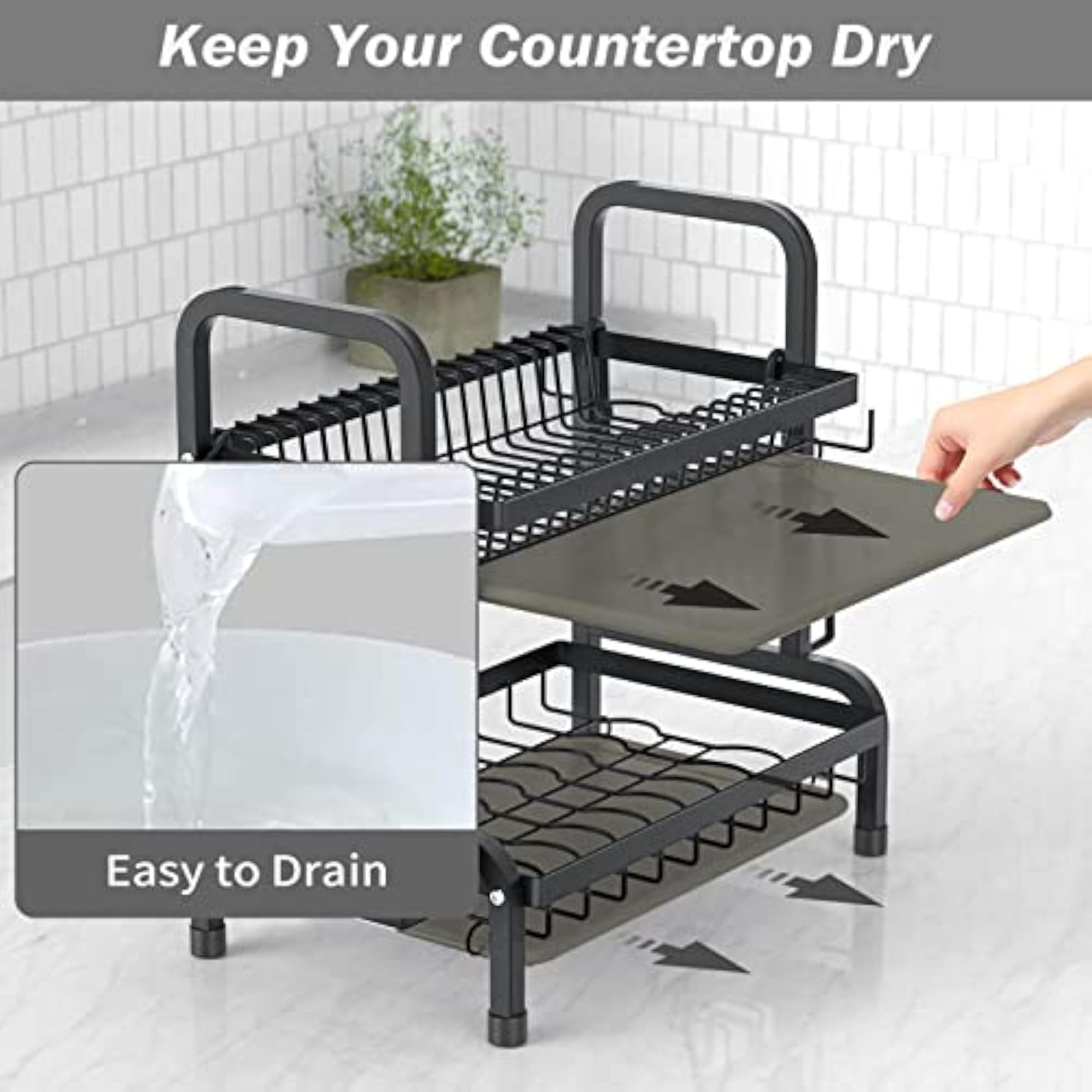 2-Tier Black Stainless Steel Dish Rack Drainer with Tray