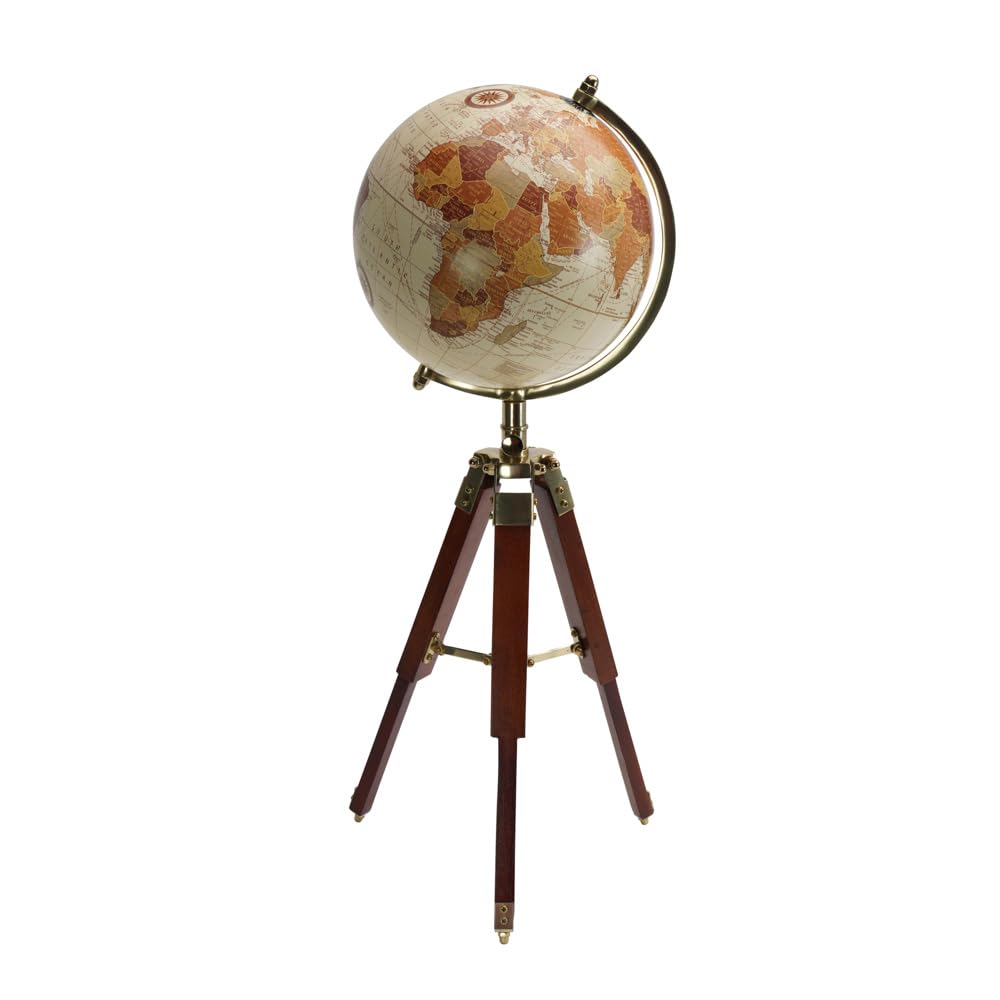 Cream and Brown Globe Decor on Wooden Tripod Stand 23"