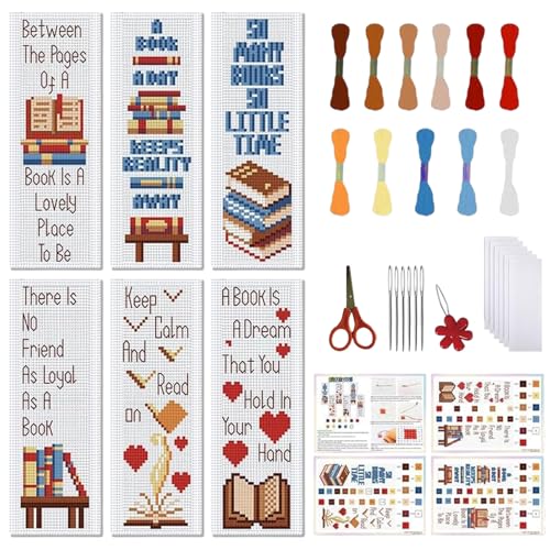 Image of FREEBLOSS 6 Set Cross Stitch Bookmark Kit Books Pattern Stamped Cross Stitch Kits for Beginners DIY Embroidery Bookmarks DIY Bookmark Kit Embroidery Kit for Adults Gift 6 * 20CM