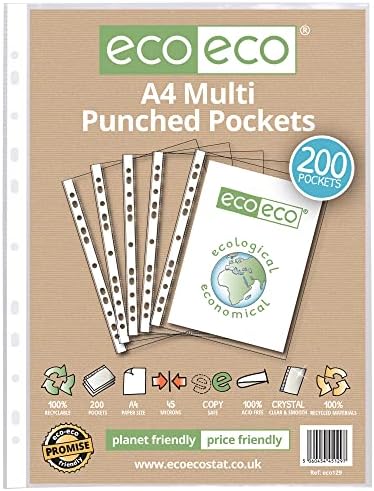 eco-eco A4 100% Recycled Multi Punched Pockets Glass Clear, Transparent Poly Wallet Sheet Protector, 45 Microns, 200 Wallets, eco129, 200 Pockets