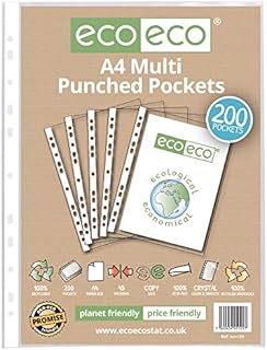 eco-eco A4 100% Recycled Multi Punched Pockets Glass Clear, Transparent Poly Wallet Sheet Protector, 45 Microns, 200 Wallets, eco129, 200 Pockets